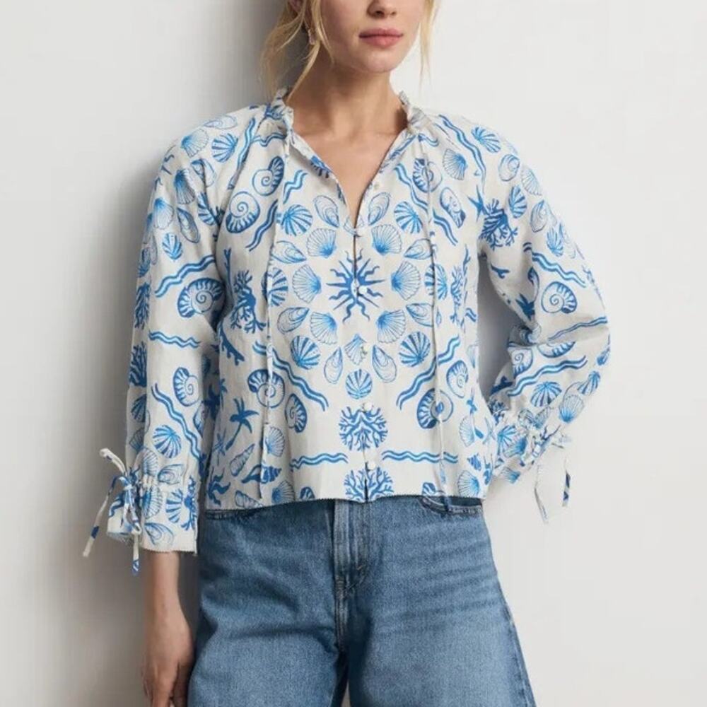 Saylor Svetlanna Top Shell Print Linen Blend Peasant Blouse Blue Off-White S